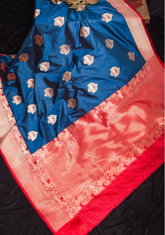 Swan Butta Shikaargah Banarasi Meenakari Saree in Blue and Red | Silk Mark Certified