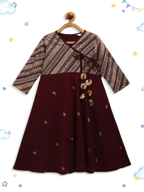 Girls Burgundy Ethnic Motifs Printed Angrakha Kurta