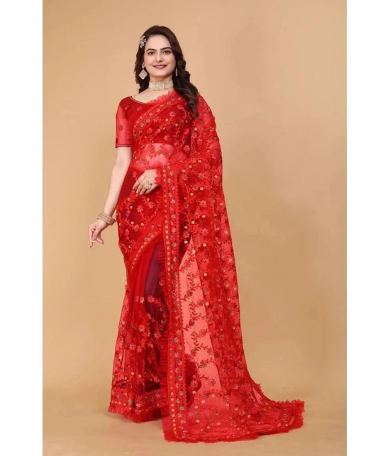 Apnisha Net Embroidered Saree With Blouse Piece - Red ( Pack of 1 ) - Red