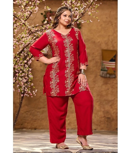 PrettyPlus by Desinoor.com Red Printed Pant Top Set - None