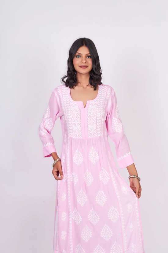 Modal Chikankari Nyra Kurti- Pink-S