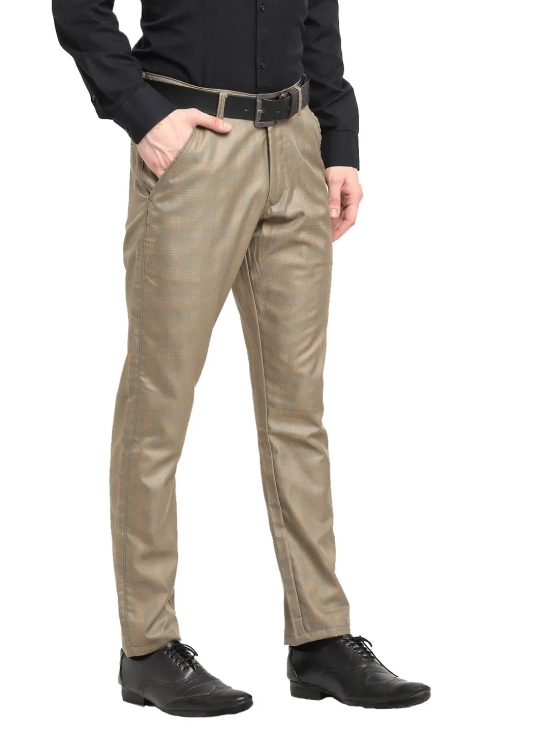 Indian Needle Men's Brown Cotton Checked Formal Trousers-30 / Brown