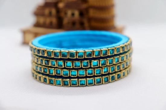 Blue Glass Bangle Set with Gold Accents