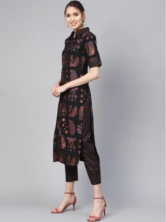 Women Black & Pink Printed Kurta with Trousers