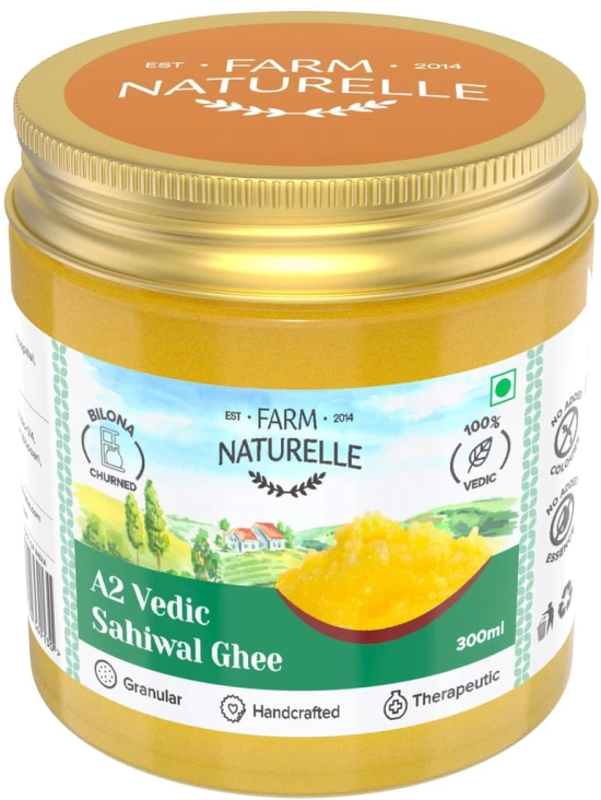 Farm Naturelle A2 Pure Ghee 300ml In Glass Bottle | Extra Engraved Virgin Wooden Spoon | 100% Desi Sahiwal Cow Ghee | Vedic Bilona Method-Curd Churned-Golden | Grainy & Aromatic, Keto Friendly | Non-GMO Grassfed, Premium & Traditional Ghee | Immunity Boos