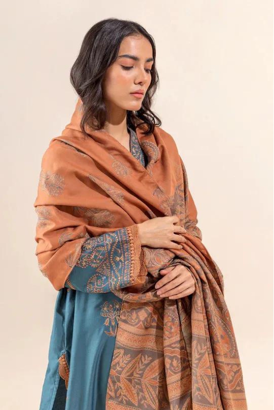 Beechtree Unstitched Shawl 23 - 2 PIECE - EMBROIDERED COTTON SATIN SUIT WITH WOVEN SHAWL - ACCENT ZONE