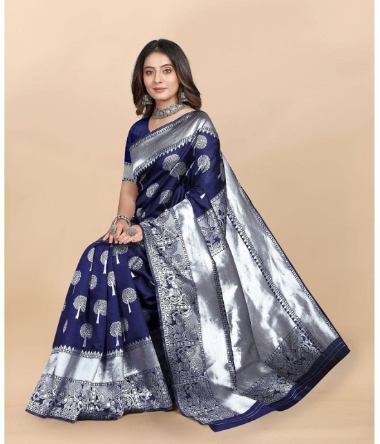 Gazal Fashions - Navy Blue Banarasi Silk Saree With Blouse Piece ( Pack of 1 ) - Navy Blue