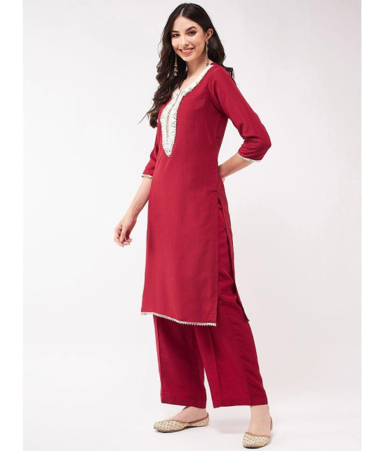 Pannkh - Red Art Silk Womens Straight Kurti ( Pack of 1 ) - None