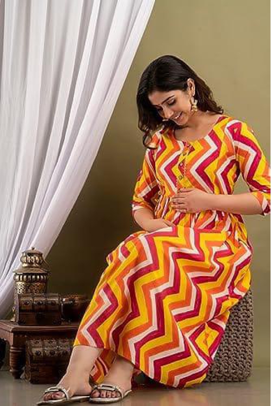 Women's Cotton Floral Printed Anarkali Maternity Breast Feeding Kurti-Yellow