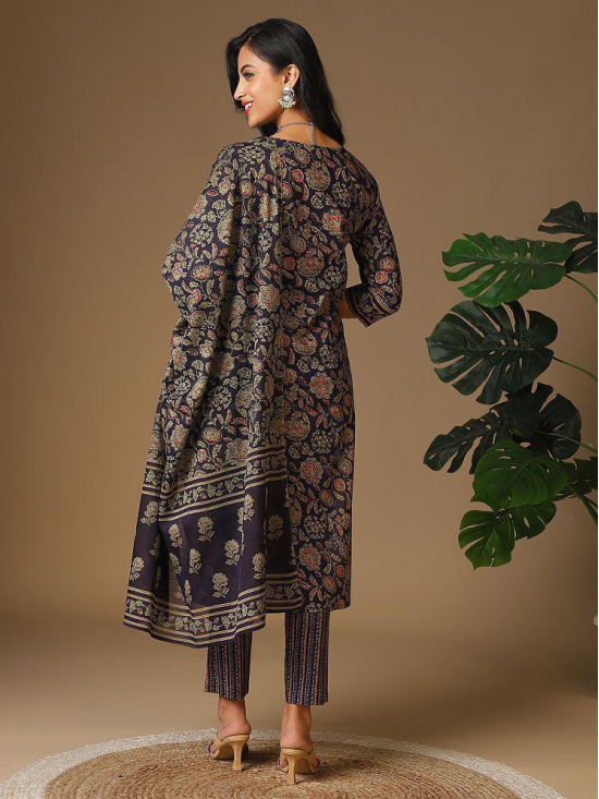 Rangita Women Cotton Navy Blue Floral Printed Calf Length Straight Kurti With Pants With Dupatta - None