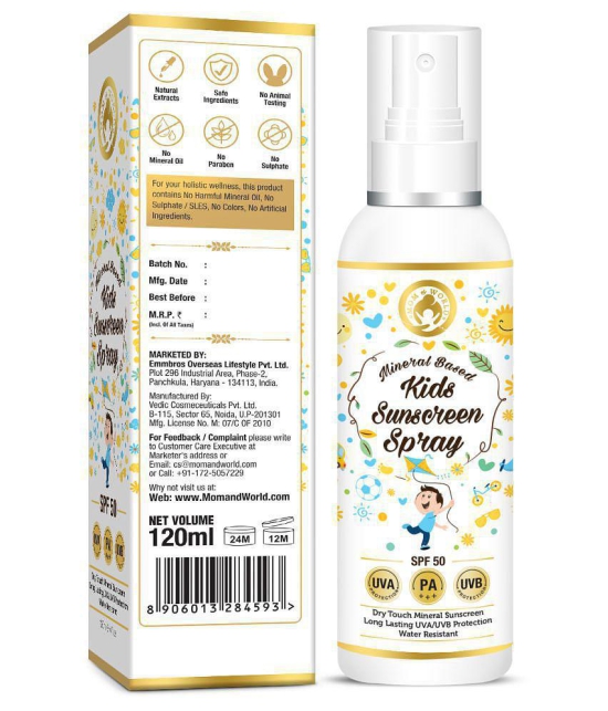 Mom & World Mineral Based Kids Sunscreen Spray SPF 50, Water Resistant, UVA/UVB Pa+++, Safe For Baby and Kids, 120 ml