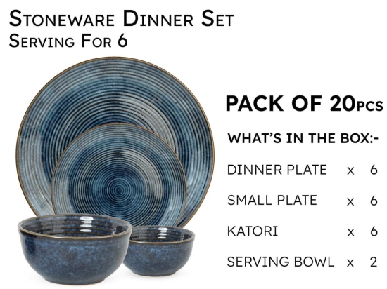 Handcrafted Stoneware Reactive Glaze Ceramic Dinner Set, 20 Pieces Serving for 6, Microwave and Dishwasher Safe, Bone-ash Free, Crockery Set for Dining and Gifting, Reactive Blue