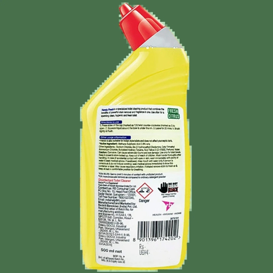 Harpic Organic Active Disinfectant Toilet Cleaner Liquid, Citrus, 500 Ml