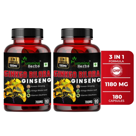 Humming Herbs Ginkgo Biloba Ginseng - Cognitive Function & Energy Support Herbal Supplement | Ginkgo Biloba Leaf, Siberian & Korean Eleuthero Root Extract Ginseng, 90 Capsules - Pack of 2