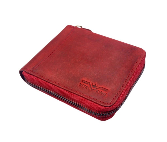 Vital King Men Travel Red Genuine Leather RFID Wallet (7 Card Slots)