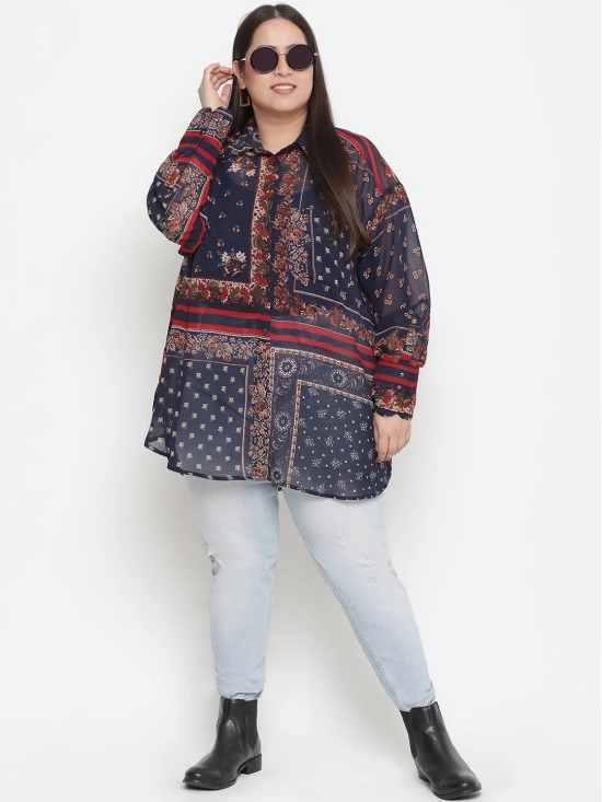 Oxolloxo Women Plus Size Navy Blue & Red Comfort Printed Casual Shirt