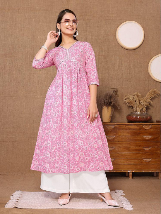 Rangita Women Cotton Pink Embroidered Calf Length Flared Kurti - None