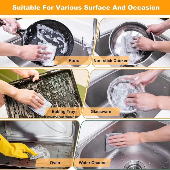 Double-Sided Multipurpose Microfiber Cloths, Stainless Steel Scrubber, Non-Scratch Wire Dishcloth, Durable Kitchen Scrub Cloth, Hard Stain Remover (1 Pc / 20 X 20 Cm) - 6 PCS