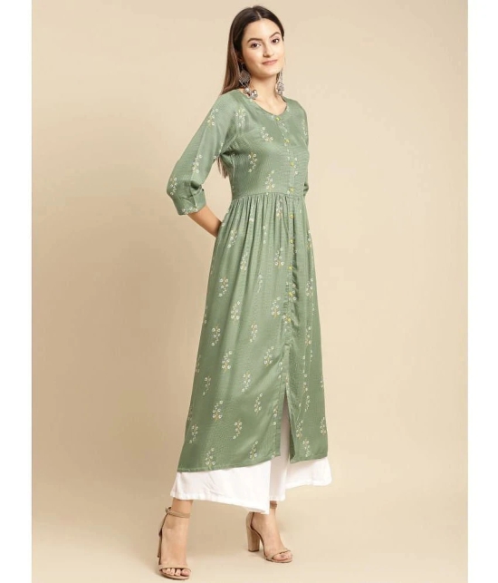 Rangita Women Rayon Green Self Textured Calf Length A-Line Kurti With Gathers At Waist - None