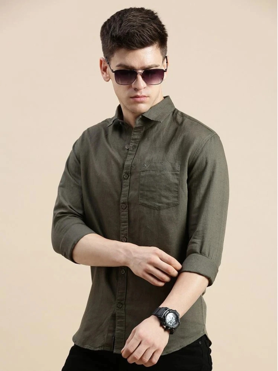 Showoff Linen Regular Fit Solids Full Sleeves Mens Casual Shirt - Olive ( Pack of 1 ) - None