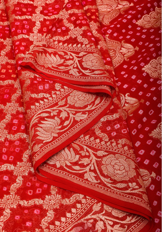 Red Authentic Hand Bandhej Banarasi Silk Georgette Saree with Jaal zari | SILK MARK CERTIFIED