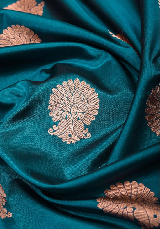 Banarasi Katan Silk Saree in Peacock Blue & Yellow with Damask Motifs | SILK MARK CERTIFIED