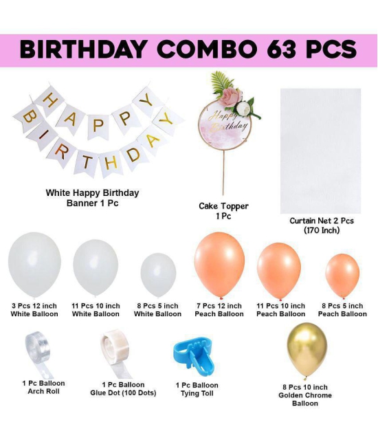 Party Propz Happy Birthday Decoration Kit Combo Set Birthday Bunting White Net Metallic Confetti Balloons With Balloon Knot - 63Pcs Happy Birthday Decorations Items - Multi-Color