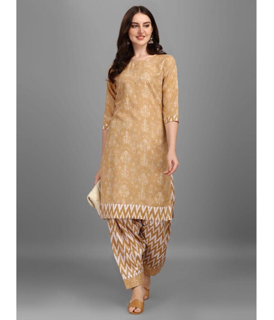 gufrina Cotton Blend Printed Kurti With Salwar Womens Stitched Salwar Suit - Beige ( Pack of 1 ) - None