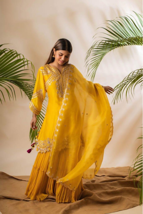 Ethnic Charm: Anushka Gupta’s Yellow Handloom Cotton Kurta Sharara Set with Intricate Embroidery