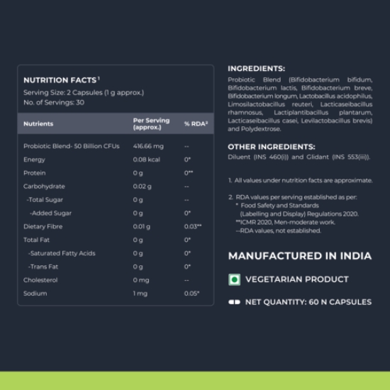 Nutrabay Wellness Pre & Probiotic Digestive Support 50 Billion CFUs, Probiotic Supplement for Men and Women - 60 Veg Capsules