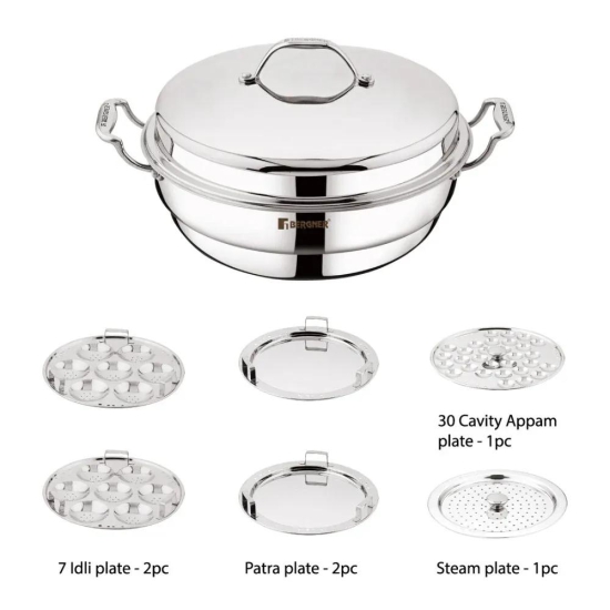 Bergner Argent Tri-Ply Multi Kadai with Lid and 6 Plates | Gas & Induction Compatible | Idli, Dhokla, Patra & Appam Plate