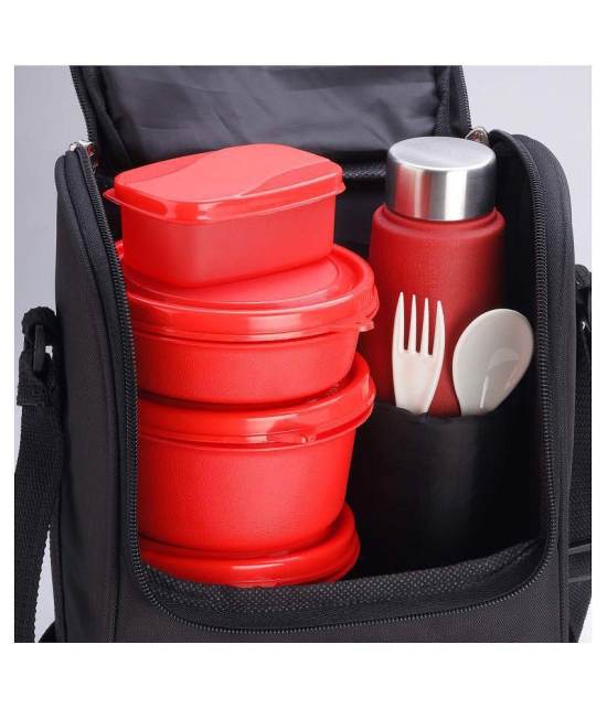 Oliveware Teso Lunch Box with Bottle 3 Stainless Steel Containers and Pickle Box and Assorted Steel Bottle -Black