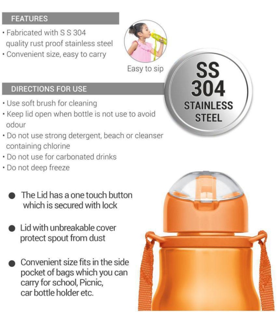 Milton Gaiety 450 Stainless Steel Water Bottle, 415 ml, Green | Leak Proof | Easy to Carry | Home | Kitchen | Travel | School - Orange