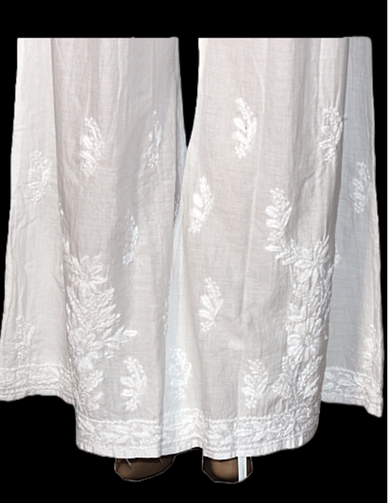 GF White Free Size Cotton Chikankari Embroidery Palazzo