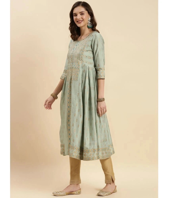 Rangita Women Mint Green Chanderi Printed Calf Length Flared Kurti - None