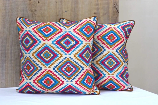 Bohemian Embroidered Multicolor Cotton Cushion Cover Size 16x16