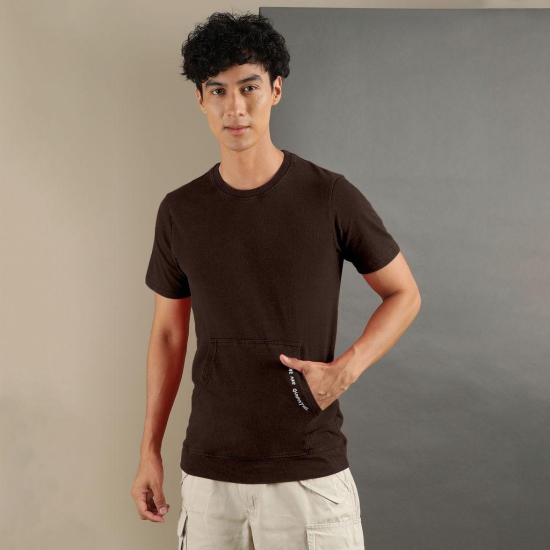 Ftx Men Solid Round Neck Kangaroo Pocket Half Sleeve Tshirt