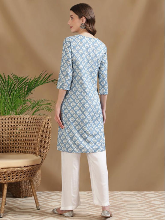 Rangita Women Cotton Blue Printed Knee Length Straight Kurti - None