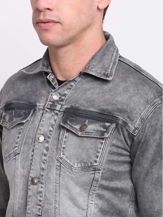 Rodamo Men Grey Slim Fit Washed Cotton Denim Jacket