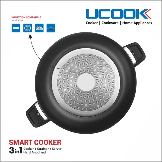 UCOOK By UNITED Ekta Engg. Smart 3 in 1 Hard Anodised Induction Base 3 Litre Handi Shape Multipurpose/All in one Pressure Cooker with Strainer and Glass Lid, Black