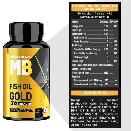 MuscleBlaze Omega 3 Fish Oil Gold 3x Triple Strength (EPA & DHA) - 1300 MG-60 Units