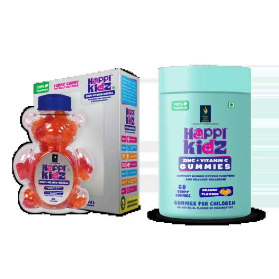 British Life Sciences Happi Kidz Multivitamin Gummies + Minerals & Happi Kidz Zinc+Vitamin C Gummies Combo | Natural, Strong Bones, Muscles and Teeth, Boosts Immunity