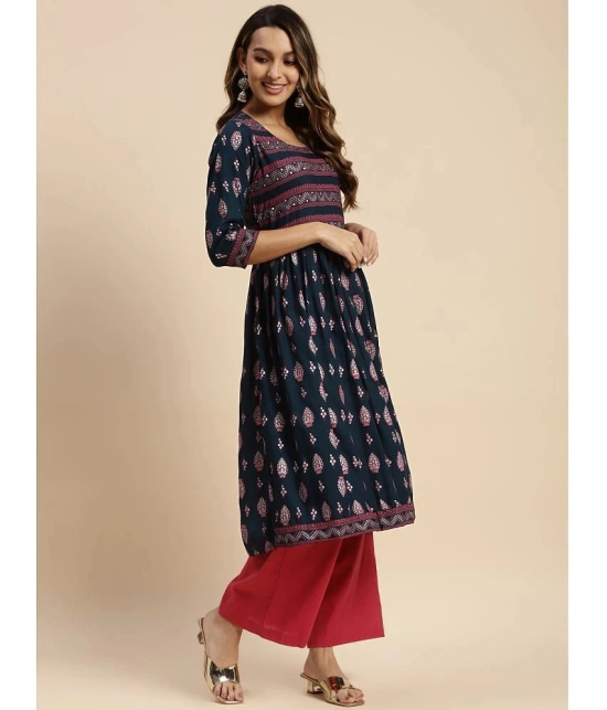 Rangita Women Rayon Navy Gold Printed Calf Length Kurti Gathered At Waist - None