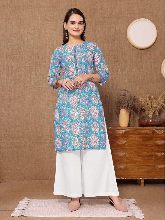 Rangita Women Cotton Blue Printed Knee Length Straight Kurti - None