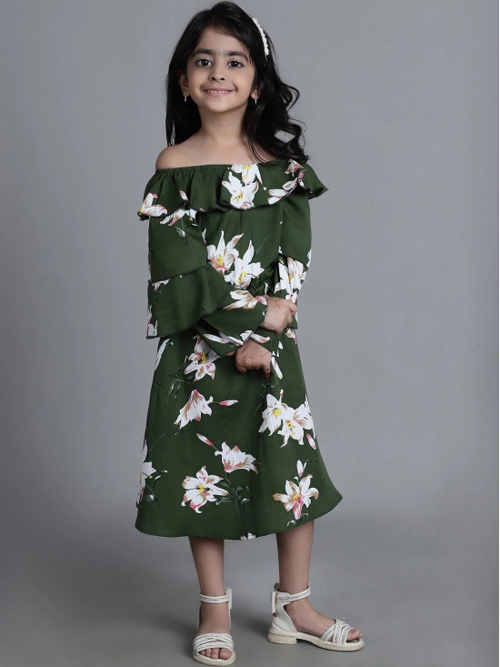 MINI & MING Girls Floral Printed Off Shoulder Bell Sleeves Crepe Fit & Flare Midi Dress