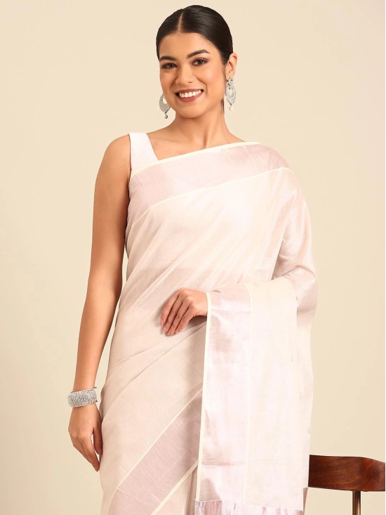 Kalyan Silks Pinkish Silver Kasavu Lines Set Saree With Temple Border