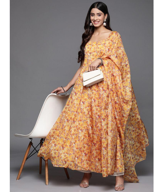 Varanga Georgette Printed Anarkali Womens Kurti - Yellow ( Pack of 1 ) - None