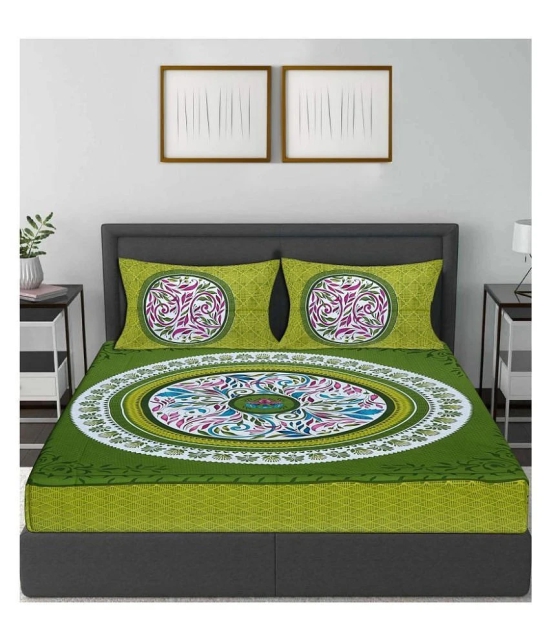 Frionkandy Cotton Queen Bed Sheet with Two Pillow Covers - Green - Green