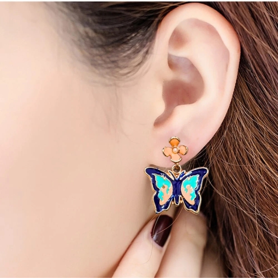 Blue Butterfly Earrings with Flower Studs