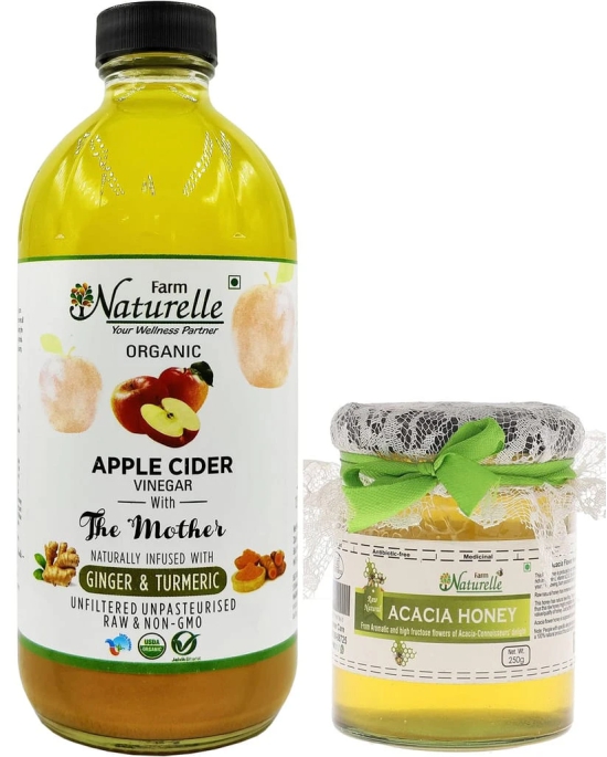 Farm Naturelle Organic Apple Cider Vinegar with Mother and Infused Ginger and Turmeric, 500 ml Along with Raw Acacia Forest Honey, 250 g (Glass Bottle)